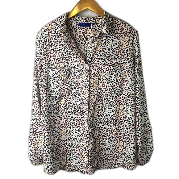 Apt 9 Maximalist Animal Print Spatter Blouse Leopard Roll Tab Sleeves Size Large - Picture 1 of 11